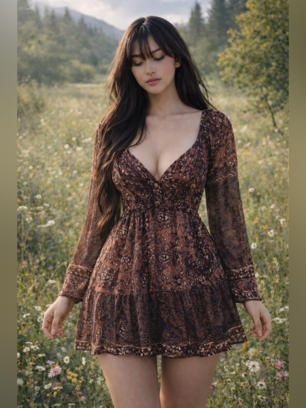 NWT Zara Autumn Sepia & Whispered Leaves sheer chiffon floaty boho tunic dress